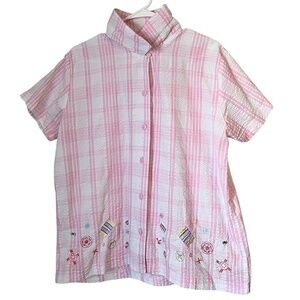 Premier International Women Pink Multi Stripe Seersucker Button Down Shirt Sz-M